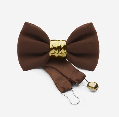 luxury brown silk bow tie with gold pre-tied ceramic knot