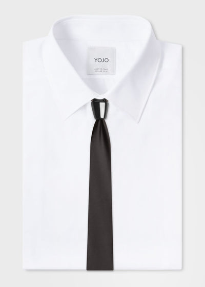 black ceramic tie on white YOJO shirt