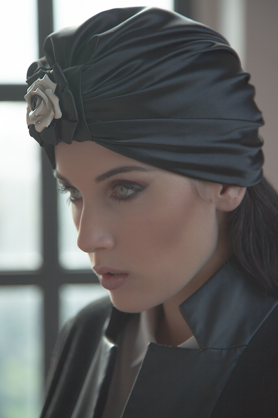 black silk turban with ceramic rose designer hats yojo