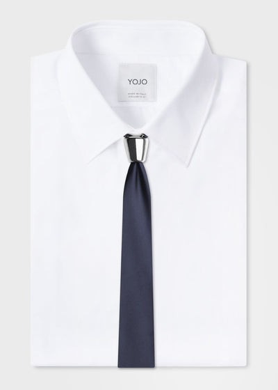 silver ceramic tie in blue on YOJO shirt