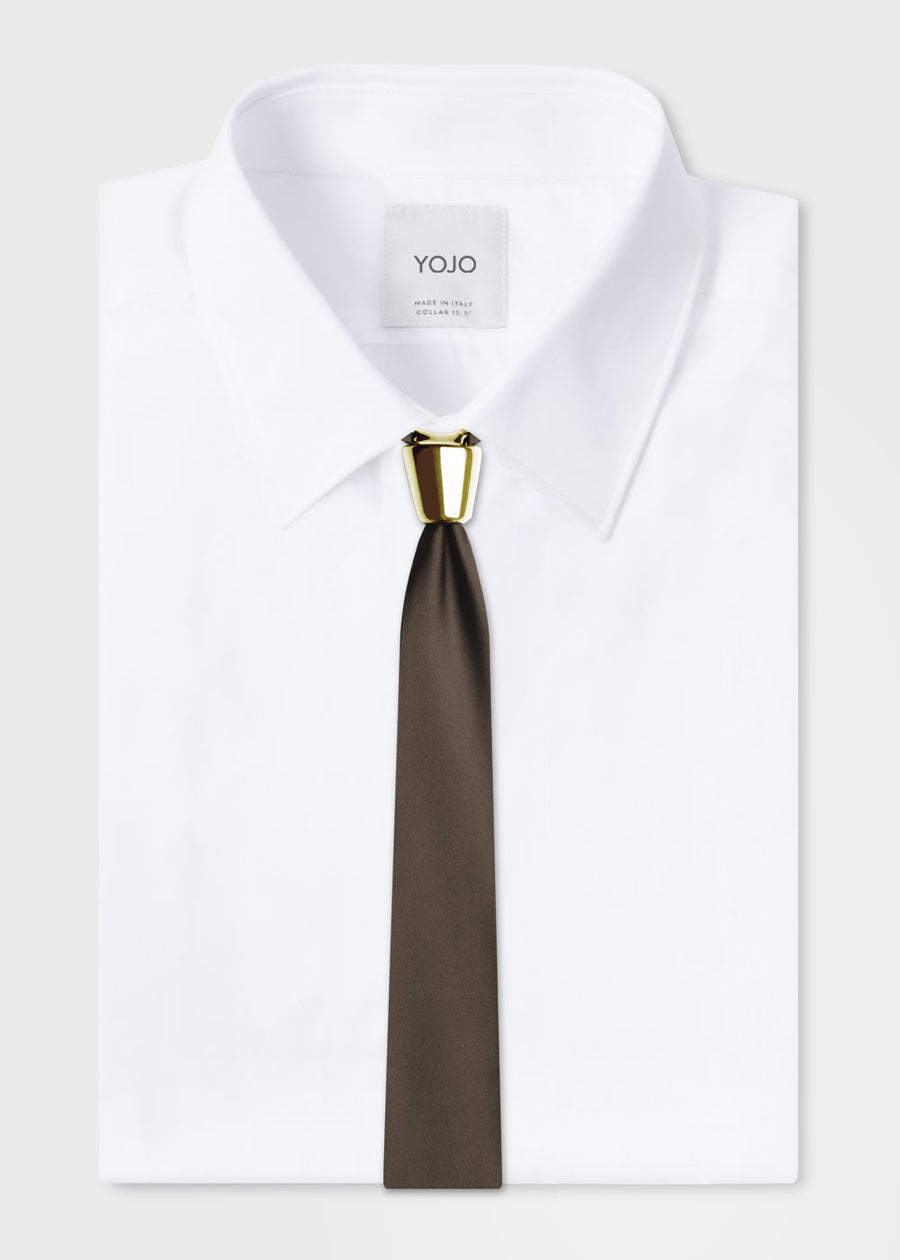 luxury modular brown silk tie with gold ceramic knot by YOJO