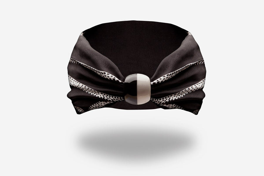 designer black silk headband with black and white ceramic knot by YOJO
