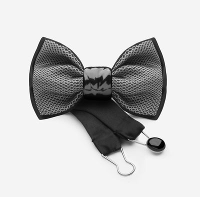 designer print silk grey black bowtie with black ceramic knot